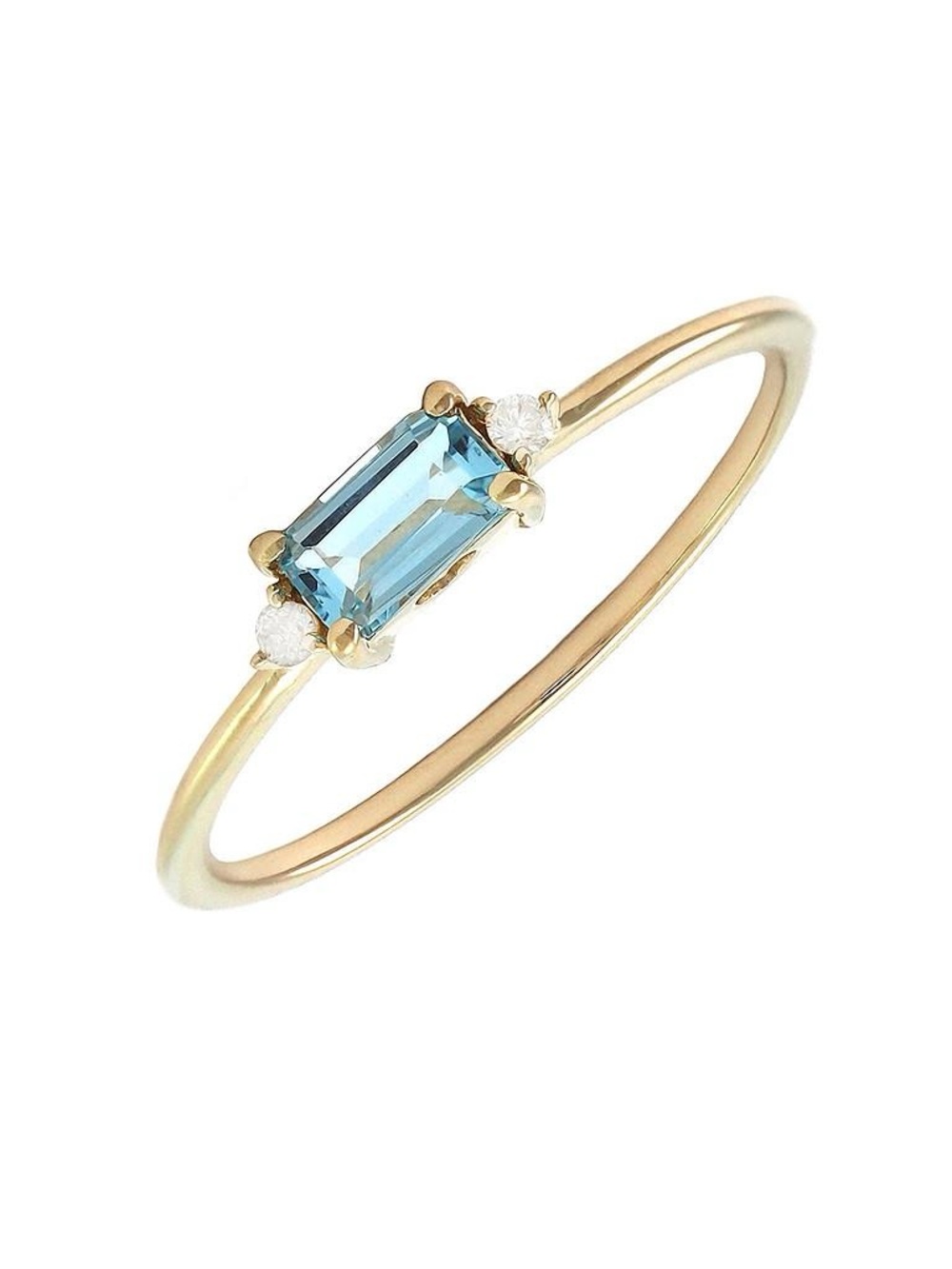 14K Real Solid Yellow Gold Emerald Cut Natural Blue Topaz&Diamond Ring Size 6.5